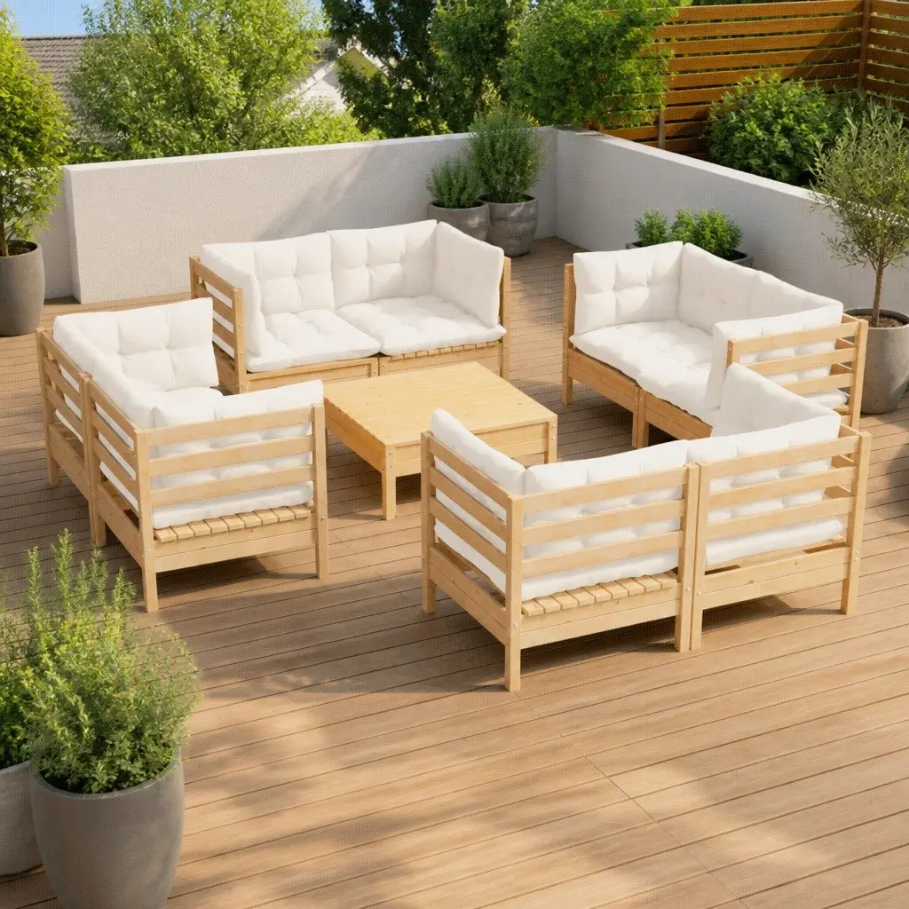 Outdoor Lounge Set 9 Piece Modular Pinewood Cream Cushions