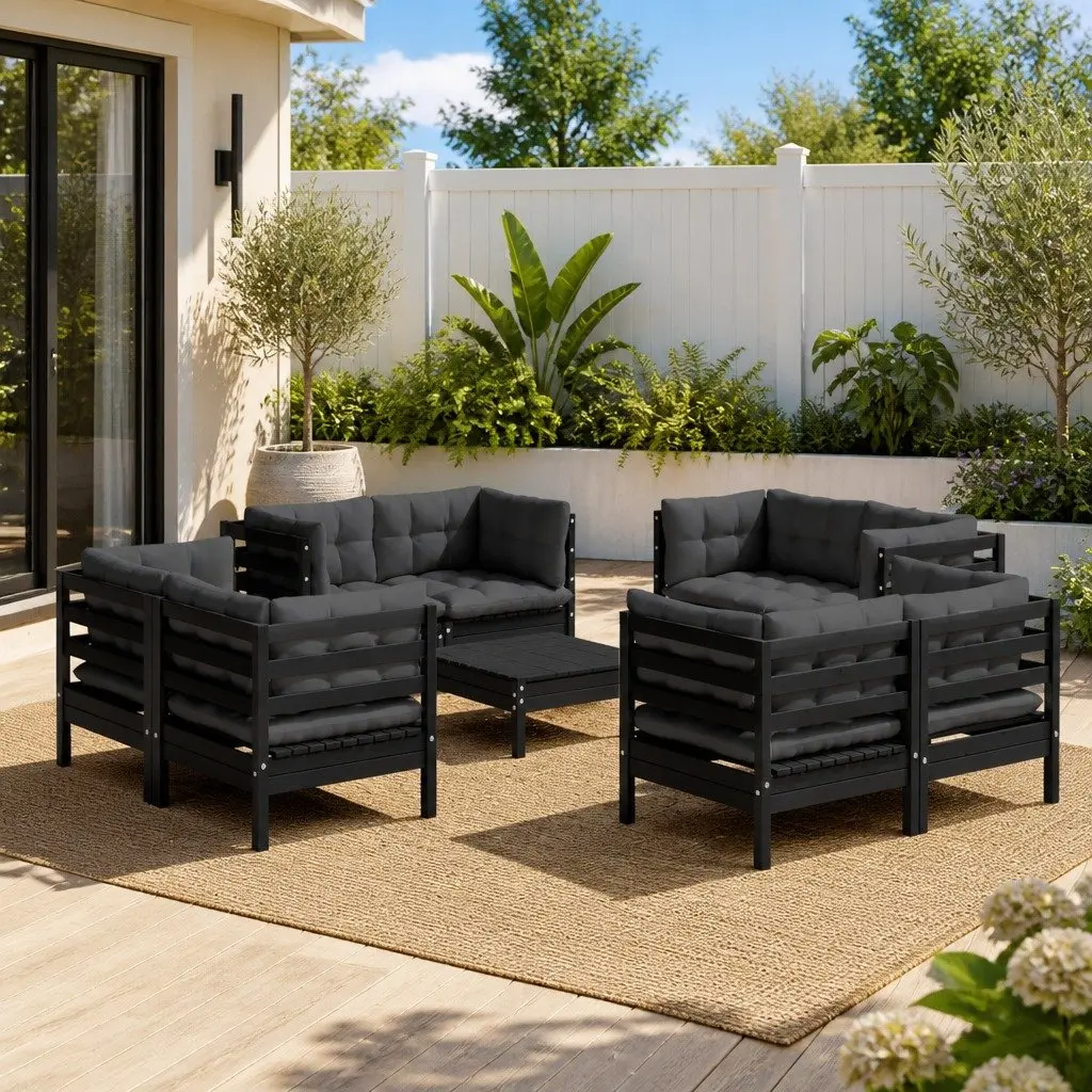 Garden Lounge Set 9 Piece Pinewood Patio Furniture with Cushions Black Outdoor Seating