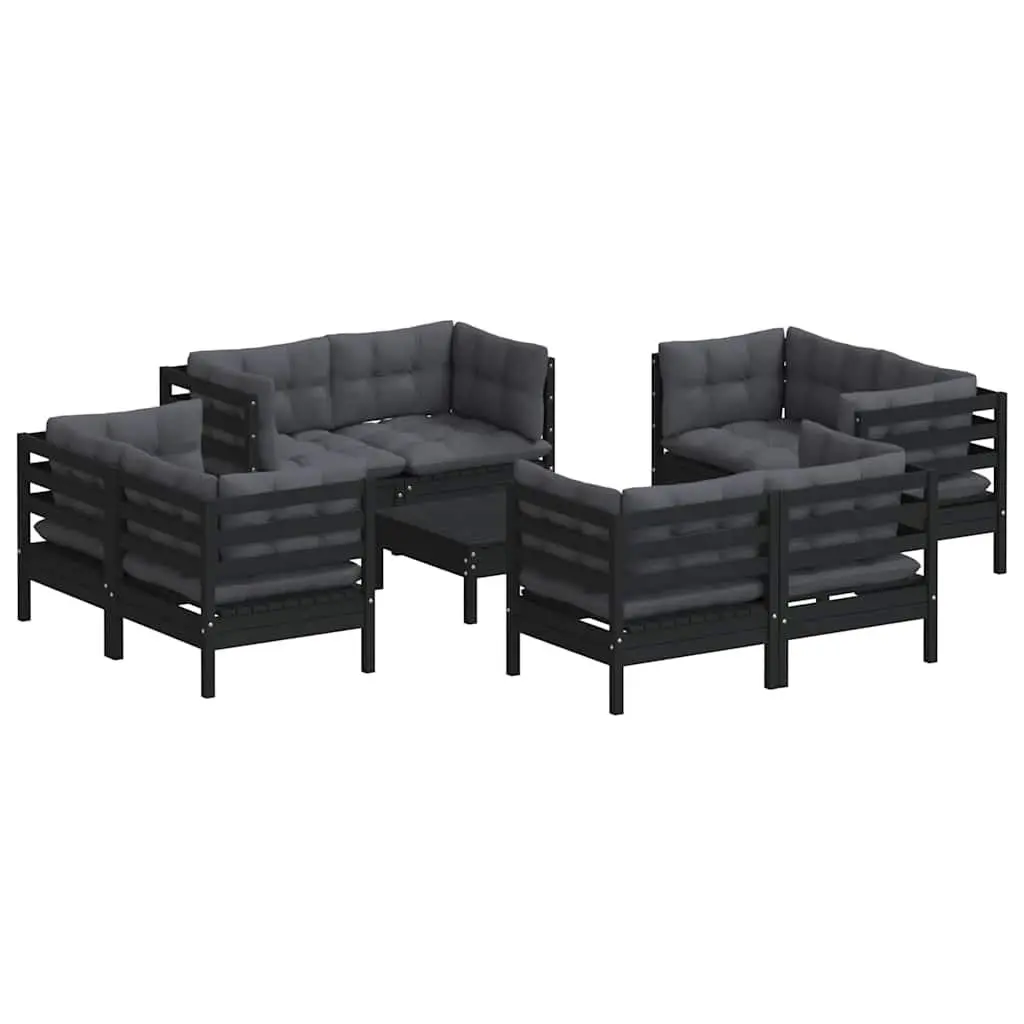 Garden Lounge Set 9 Piece Pinewood Patio Furniture with Cushions Black Outdoor Seating
