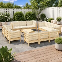 Garden Lounge Set 13 Piece Outdoor Patio Furniture Pinewood Cream Cushions