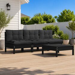 Garden Lounge Set 4 Piece Pinewood Patio Furniture with Cushions Black Outdoor