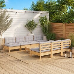 Garden Lounge Set 8 Piece Outdoor Patio Furniture with Grey Cushions Pinewood