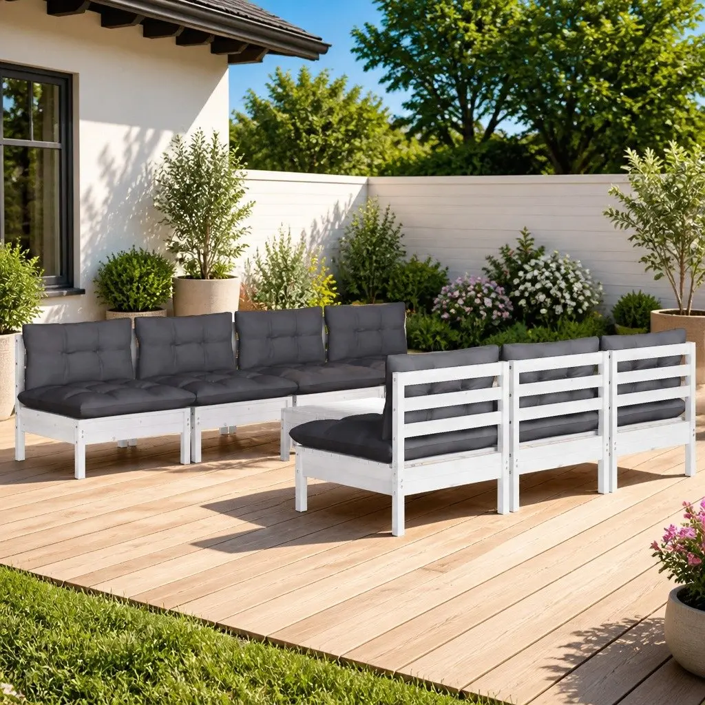 Garden Lounge Set Modular Solid Pinewood 8 Piece Outdoor Patio Furniture White with Anthracite Cushions