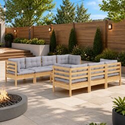 Garden Lounge Set 8 Piece Outdoor Patio Furniture with Grey Cushions Solid Wood