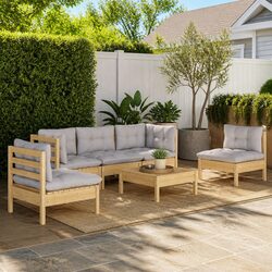 Garden Lounge Set 6 Piece Outdoor Patio Furniture with Grey Cushions Pinewood
