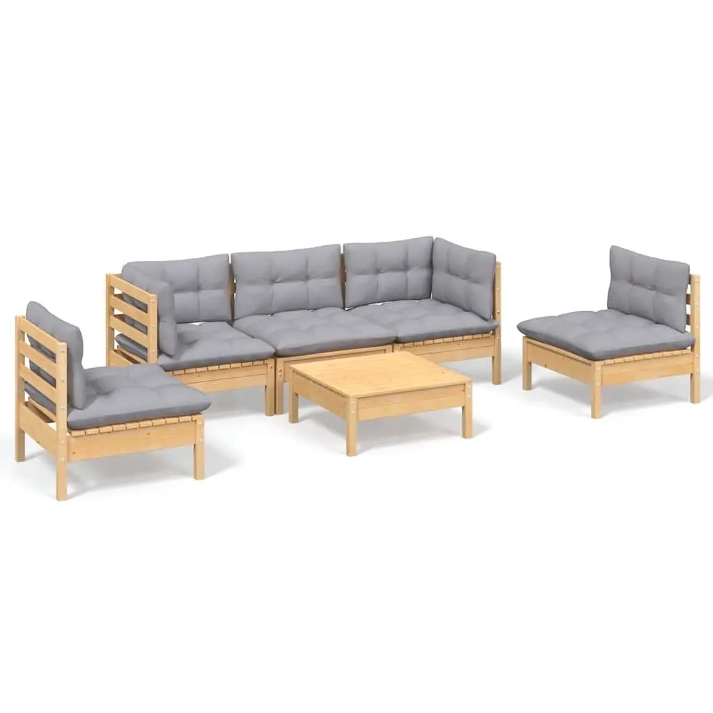 Garden Lounge Set 6 Piece Outdoor Patio Furniture with Grey Cushions Pinewood