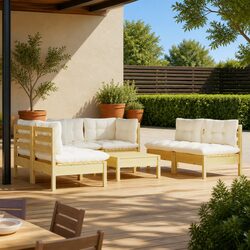 Garden Lounge Set 7 Piece Outdoor Patio Furniture Cream Cushions Pinewood