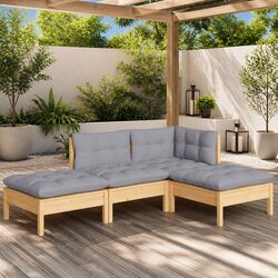 Garden Lounge Set 4 Piece Outdoor Patio Furniture Grey Cushions Pinewood