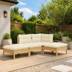 Garden Lounge Set 4 Piece Outdoor Patio Furniture Pinewood with Cream Cushions