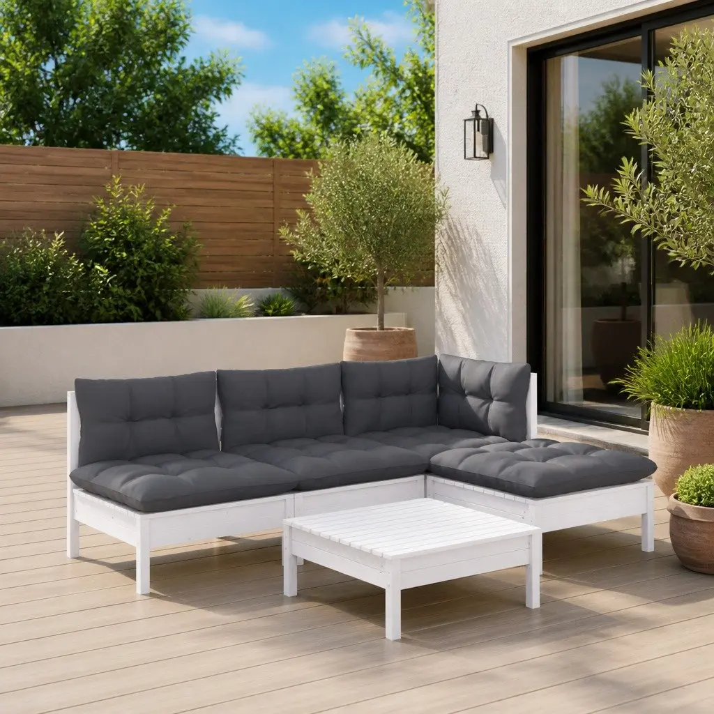 Garden Lounge Set Modular 5 Piece White Pinewood Patio Furniture with Cushions