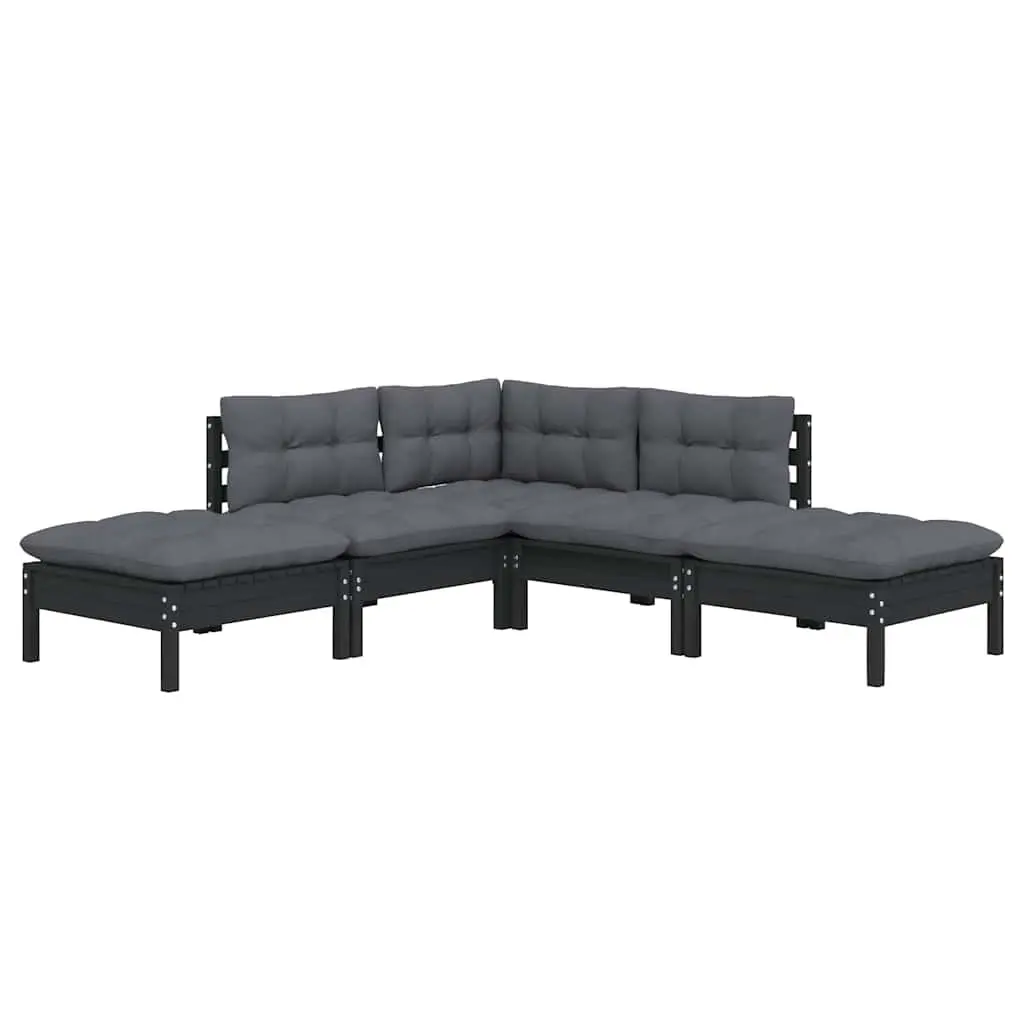 Garden Lounge Set 5 Piece Outdoor Furniture Black Pinewood with Cushions Patio