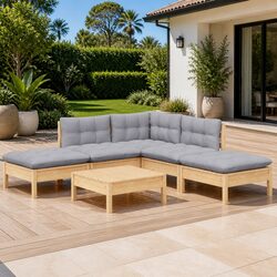 Garden Lounge Set 6 Piece Wooden Patio Furniture Grey Cushions Modular