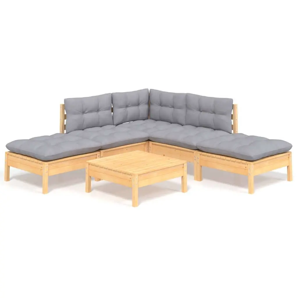 Garden Lounge Set Modular 6 Piece Solid Pinewood Grey Cushions