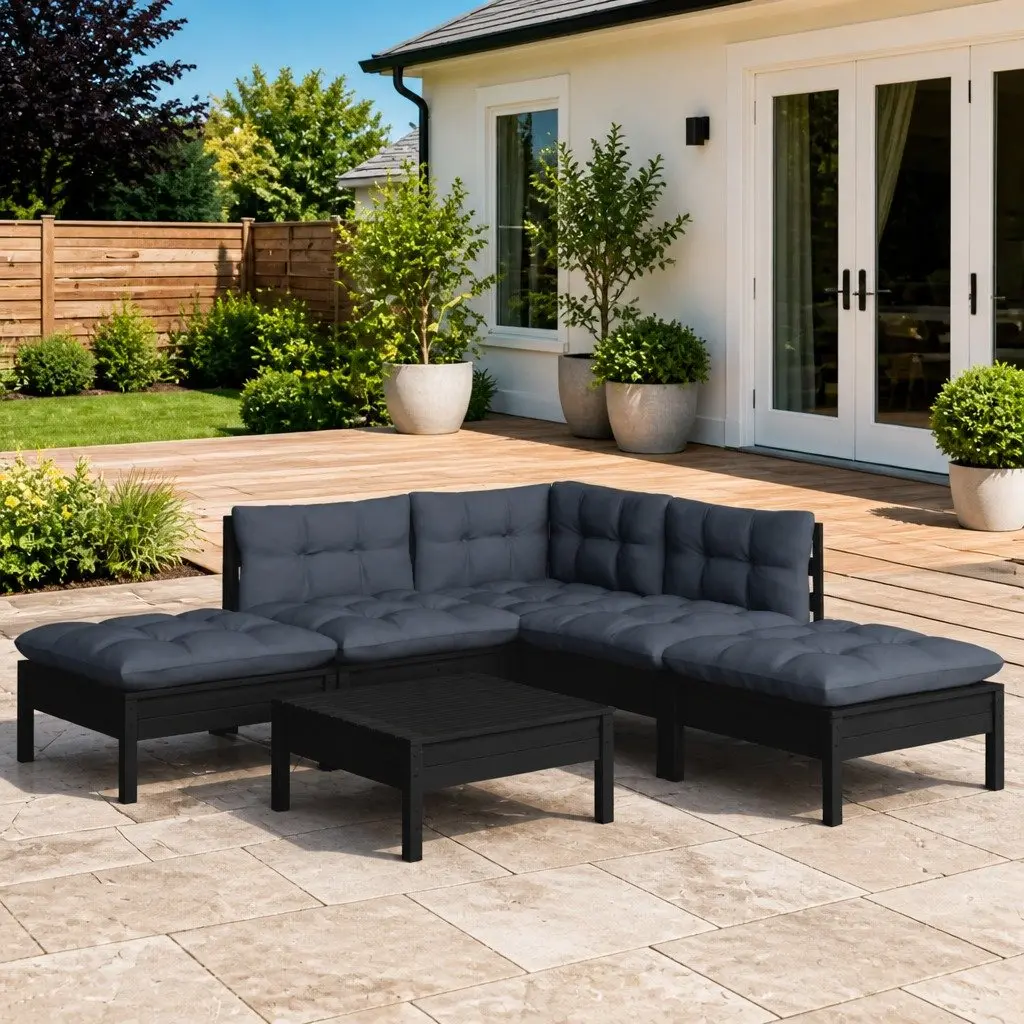 Garden Lounge Set 6 Piece Solid Pinewood Black Outdoor Furniture with Cushions