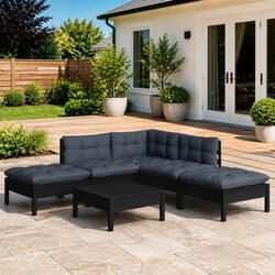 Garden Lounge Set 6 Piece Black Pinewood Outdoor Furniture with Cushions Patio