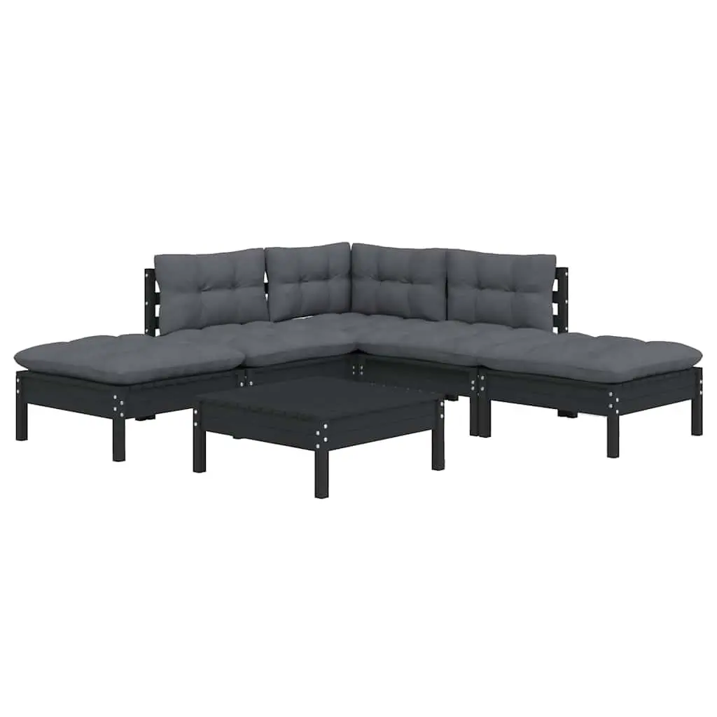 Garden Lounge Set 6 Piece Solid Pinewood Black Outdoor Furniture with Cushions