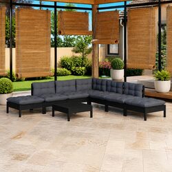 8 Piece Garden Lounge Set Black Pinewood Outdoor Furniture with Cushions Patio