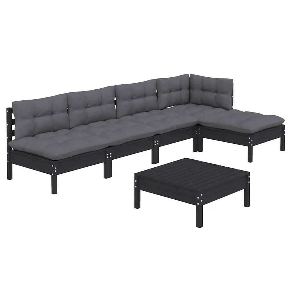 Garden Lounge Set 6 Piece Black Pinewood Outdoor Furniture with Cushions Patio