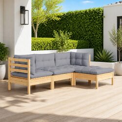 Garden Lounge Set 4 Piece Wooden Patio Furniture Grey Cushions Outdoor Seating