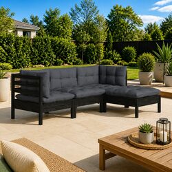 4 Piece Garden Lounge Set Black Pinewood Outdoor Furniture with Cushions Patio