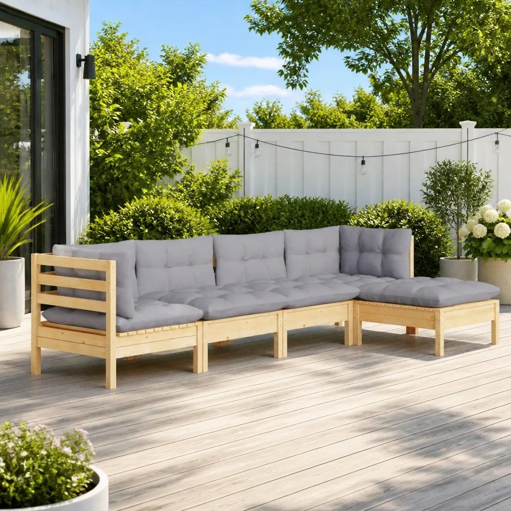 Garden Lounge Set 5 Piece Modular Outdoor Patio Furniture Solid Pinewood Grey Cushions