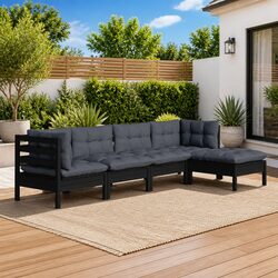 5 Piece Garden Lounge Set with Cushions Black Pinewood Outdoor Patio Furniture