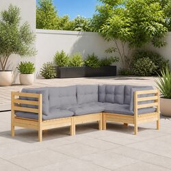 4 Piece Garden Lounge Set Pinewood Outdoor Patio Furniture with Grey Cushions