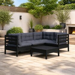 Garden Lounge Set 5 Piece Black Pinewood Outdoor Patio Furniture with Cushions