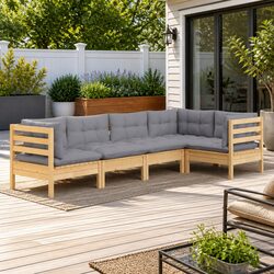 Garden Lounge Set 5 Piece Outdoor Patio Furniture Grey Cushions Wood