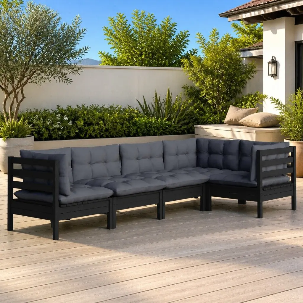 Garden Lounge Set 5 Piece Solid Pinewood Black Outdoor Furniture with Cushions
