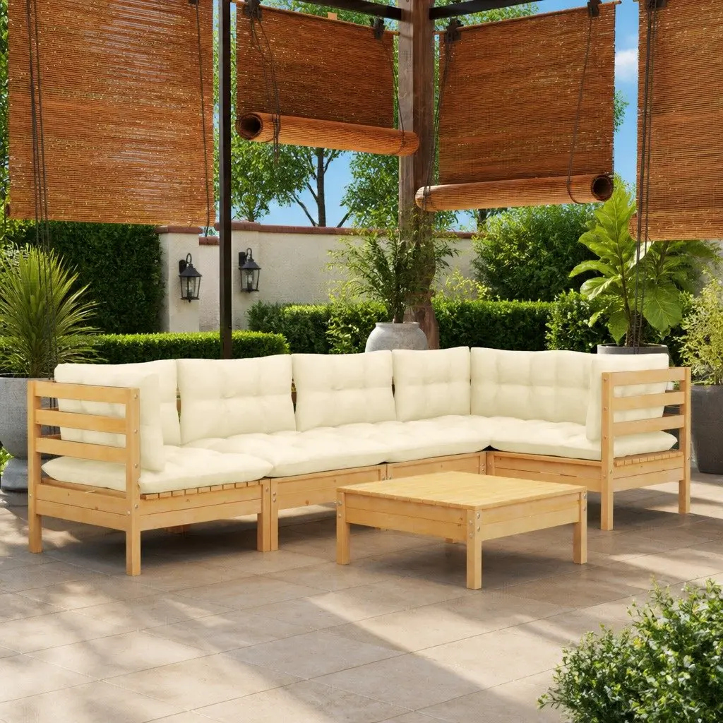 Outdoor Lounge Set Modular Pinewood 6 Piece with Cream Cushions