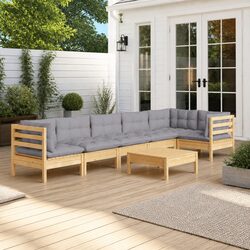 Garden Lounge Set 7 Pieces Outdoor Patio Furniture with Grey Cushions Pinewood