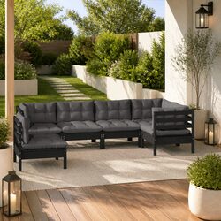 Garden Lounge Set 6 Piece Outdoor Patio Furniture Black Pinewood with Cushions