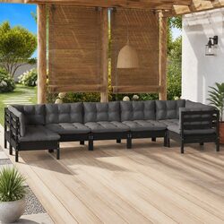 7 Piece Garden Lounge Set with Cushions Black Pinewood Outdoor Patio Furniture