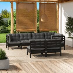 Garden Lounge Set 7 Piece Outdoor Furniture Black Pinewood with Cushions Patio