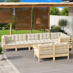 Garden Lounge Set 9 Piece Outdoor Furniture Patio Sofa Cream Cushions Pinewood