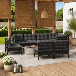 Garden Lounge Set 8 Piece Outdoor Furniture Black Pinewood with Cushions Modular