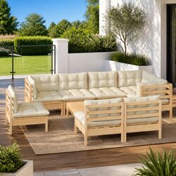 Garden Lounge Set 9 Piece Outdoor Patio Furniture Cream Cushions Pinewood