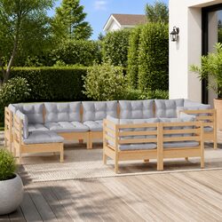 Garden Lounge Set 9 Piece Outdoor Patio Furniture Grey Cushions Pinewood