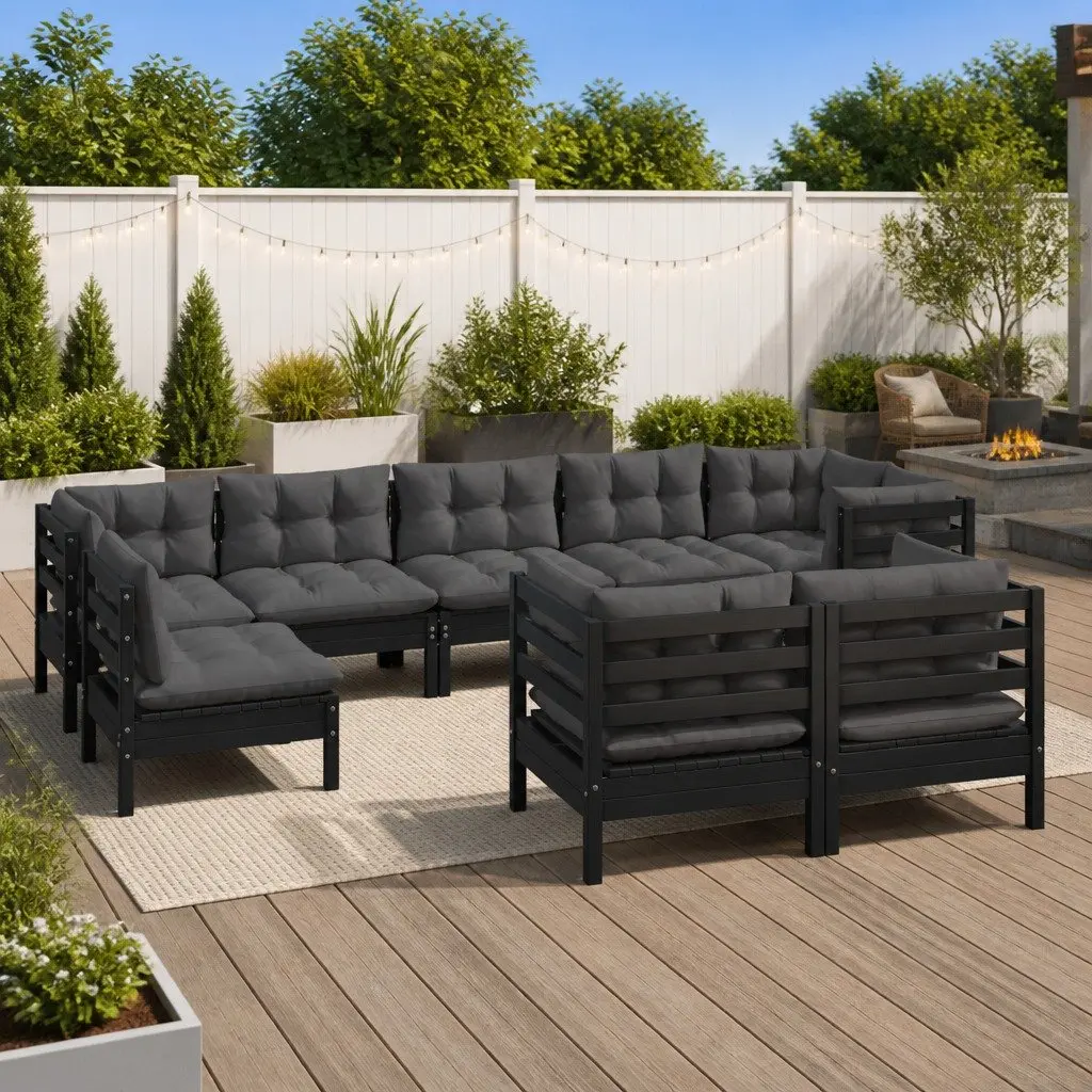 Garden Lounge Set 9 Piece Modular Outdoor Patio Furniture Solid Pinewood Black Sofa Sectional