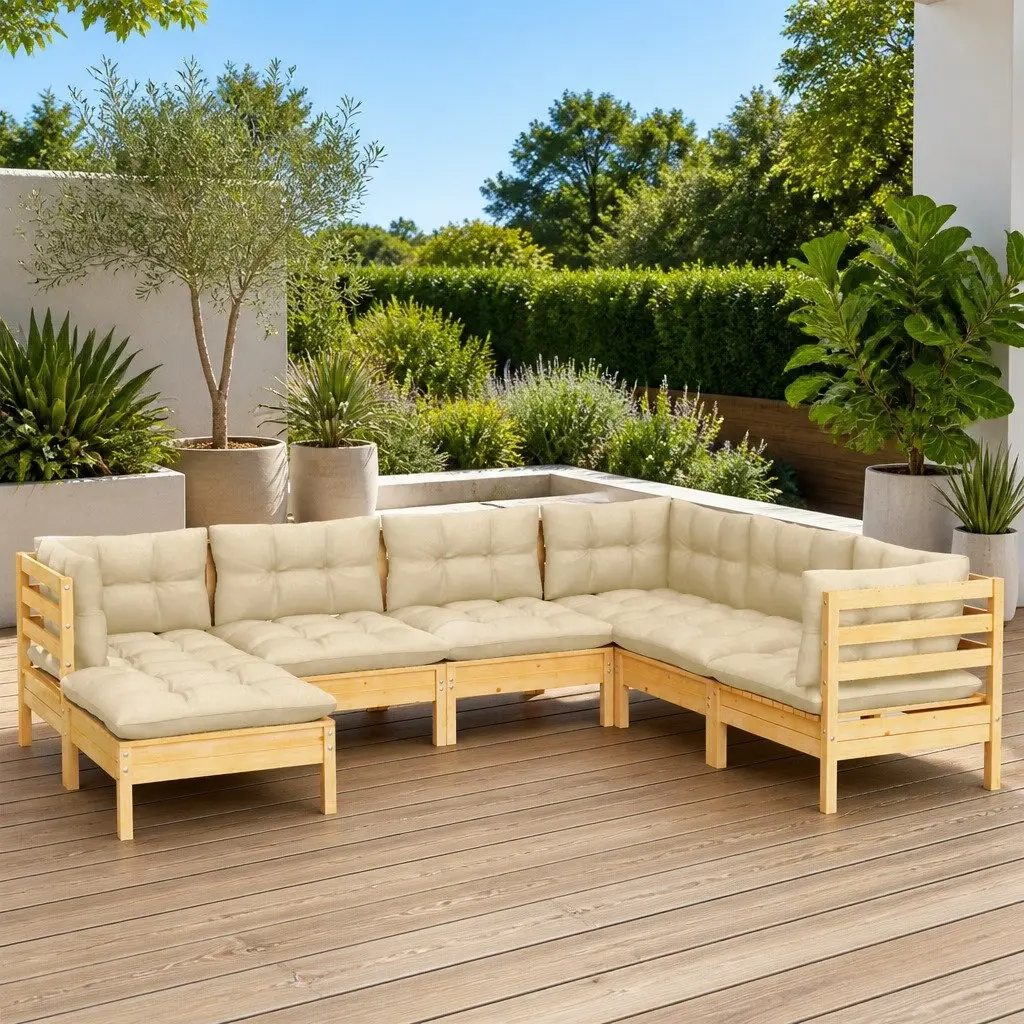 Garden Lounge Set 7 Piece Outdoor Furniture Patio Sofa with Cream Cushions Brown