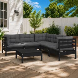 Garden Lounge Set 6 Piece Outdoor Patio Furniture Black Pinewood with Cushions