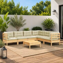 Garden Lounge Set 7 Piece Outdoor Patio Furniture Modular Cream Cushions Solid