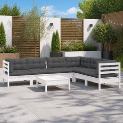 7 Piece Garden Lounge Set White Solid Pinewood Outdoor Patio Furniture with