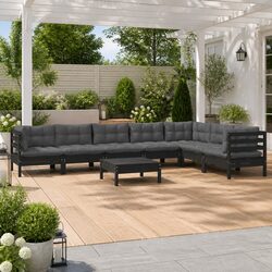 Garden Lounge Set 8 Piece Outdoor Patio Furniture Black Pinewood with Cushions