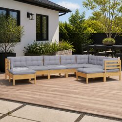 Garden Lounge Set 9 Piece Outdoor Patio Furniture with Grey Cushions Pinewood