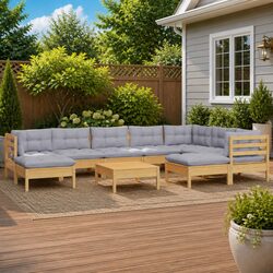 Garden Lounge Set 10 Piece Outdoor Patio Furniture Grey Cushions Pinewood
