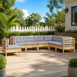 Garden Lounge Set 7 Piece Outdoor Patio Furniture Grey Cushions Solid Pinewood