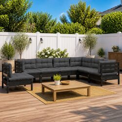 7 Piece Garden Lounge Set with Cushions Black Solid Pinewood Outdoor Patio