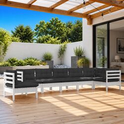 8 Piece Garden Lounge Set White Solid Pinewood Outdoor Patio Furniture with